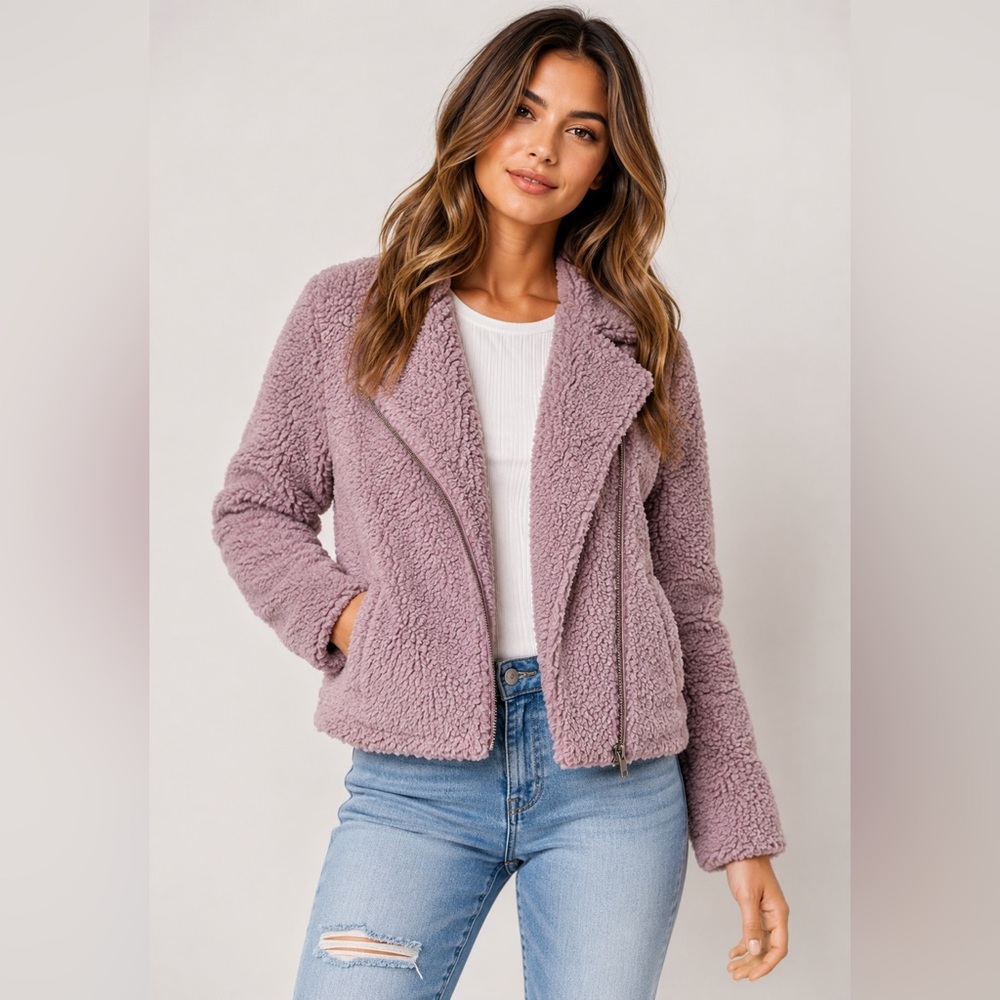 Jack by BB Dakota Womens Sherpa Moto Jacket Pink Faux Fur Teddy Medium
